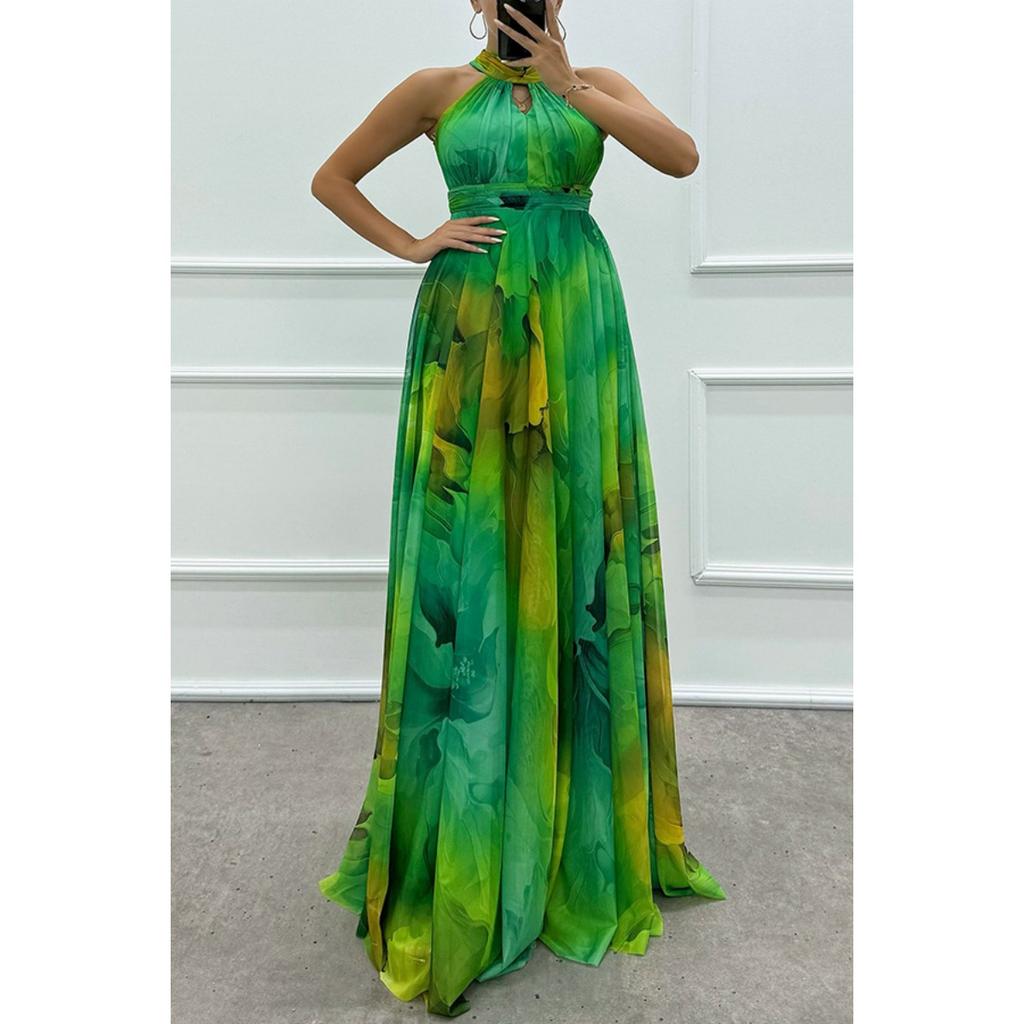 Women Halter Neck Sleeveless Printed Tie Waist Flowy Hem Dress, Casual Fashion Summer Dress for European American Women