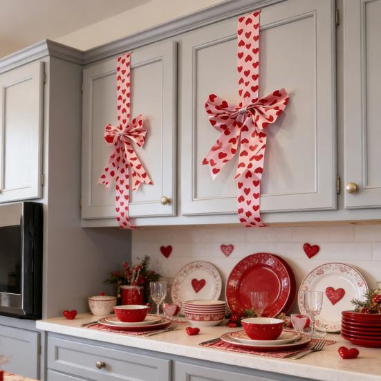 Valentine's Day Decoration Love Heart Bow Hanging Ornament Red Polyester Ribbon for Cabinet Door Wall Festive Home Decor