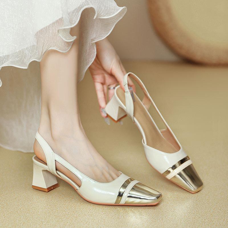 Summer high heels thick heel bag head sandals French retro splicing middle heel rear empty square head single shoes