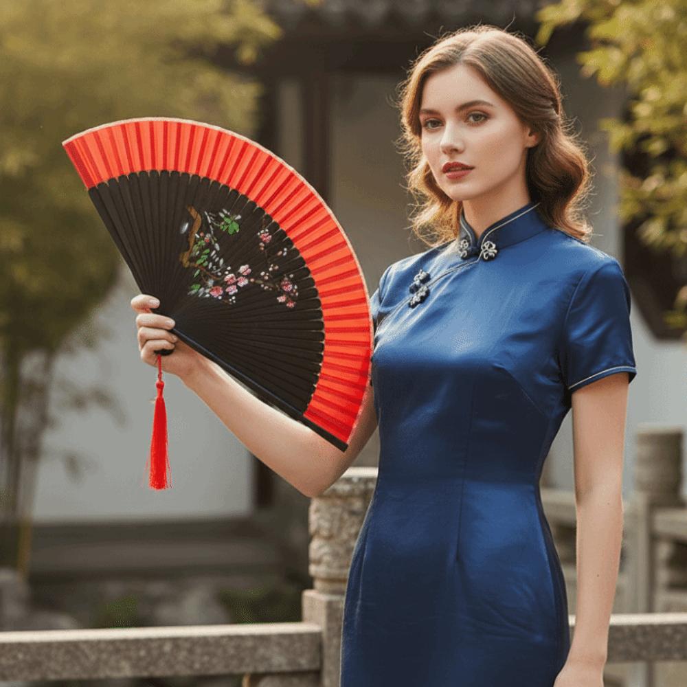 Exquisite Blossom Printing Folded Fan Portable Kimono Fan Tassel Folding Fan Home Decoration