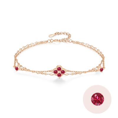 Ruby Bracelet for Clover Silver July Gift for Her FH.bird Women, Four-Leaf [Lucky Flower], 925, Hypoallergenic, Double-Strand Bracelet, Birthstone,