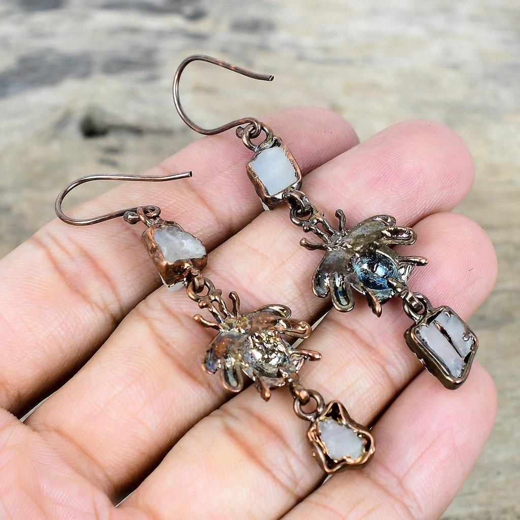 Rainbow moonstone rough earring electroformed copper earrings real gemstone earring handmade copper jewelry honey bee earrings gifts for her