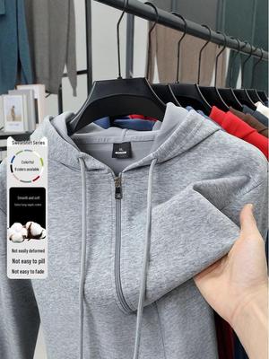 Felpa da uomo con cappuccio e zip in cotone a fibra lunga per l'autunno - Cardigan casual tinta unita per adulti di mezza età e giovani