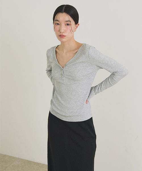 Lingseoul Ribbed Button Top-Gray
