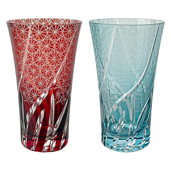 Takumibifu Dinner Luxe Kiriko Pair Glass Cup Long 8.6×14.8cm 400cc Ranbori Komon Sky Blue & Red Kog