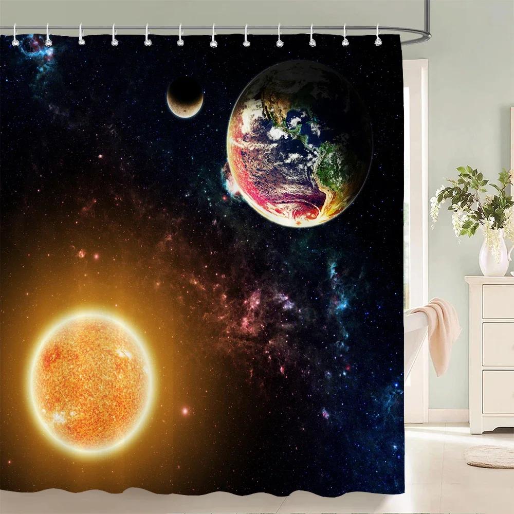 Earth Moon Starry Sky Scenery Printing Shower Curtains Bathroom Curtain Waterproof Fabric With Hooks Home Decoration Bath Screen