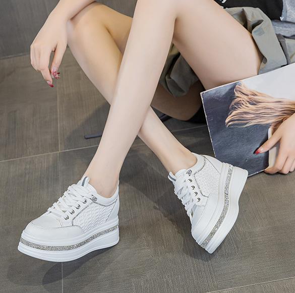 Fashion 7CM Heel Sneakers for Women Genuine Leather Platform Wedge Women Casual Shoes Women Bling Walking Shoes Fashion Sneakers Pumps