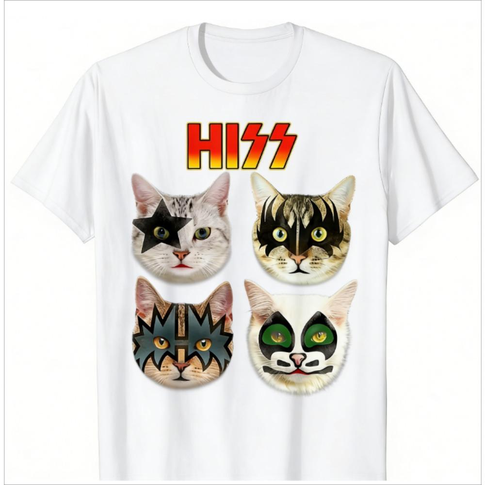 HISS KISS Band Cat Print T-Shirt Casual Cotton Tee Soft Tops for Rock Music Fans Cat Lovers Humorous Pet Lover Tshirt