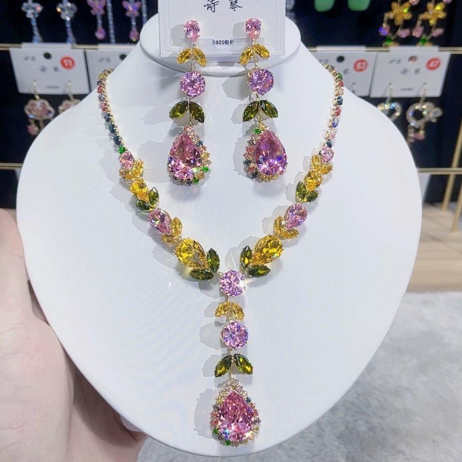 Luxury Waterdrop Pendant Jewelry Set Earring Pink Necklace For Women Bridal Wedding Exquisite Fashion Zircon Party Banquet Gift