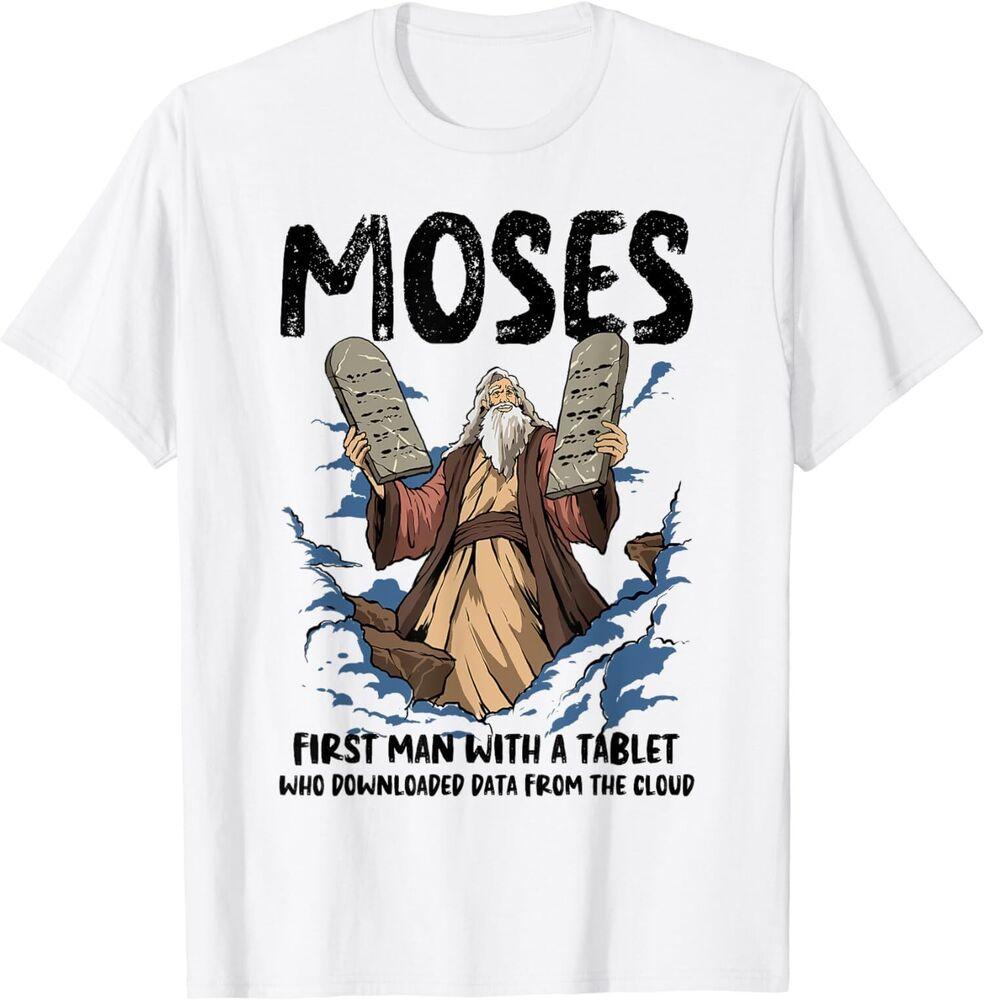 

NEW LIMITED Funny Moses First Man With A Tablet Christian Humor Bible T-Shirt Tops Tee 4XL