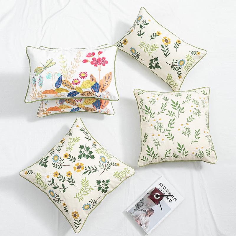 Square Plant Flower Embroidery Pillowcase Cotton Soft Natural Pastoral Style Cushion Cover for Living Room Sofa