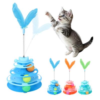 Cat Ball Track Toy Interactive Cat Ball Toy with Spring Feather Teaser 3-Tier Ball