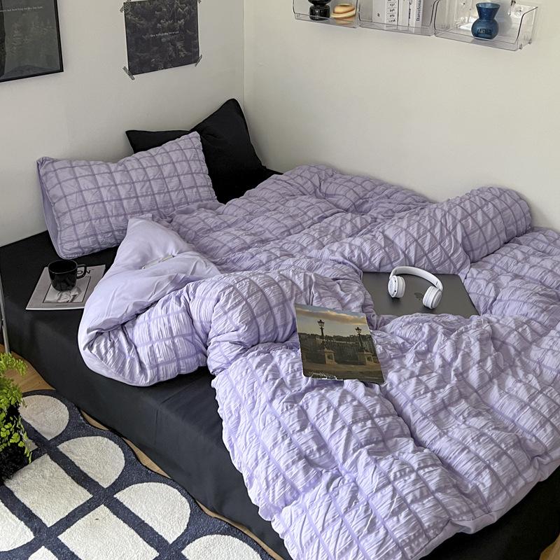 Korean Style Seersucker Cotton 4-Piece Bed Set - Girlish Duvet Cover & Sheet for Dorms (3-Piece)