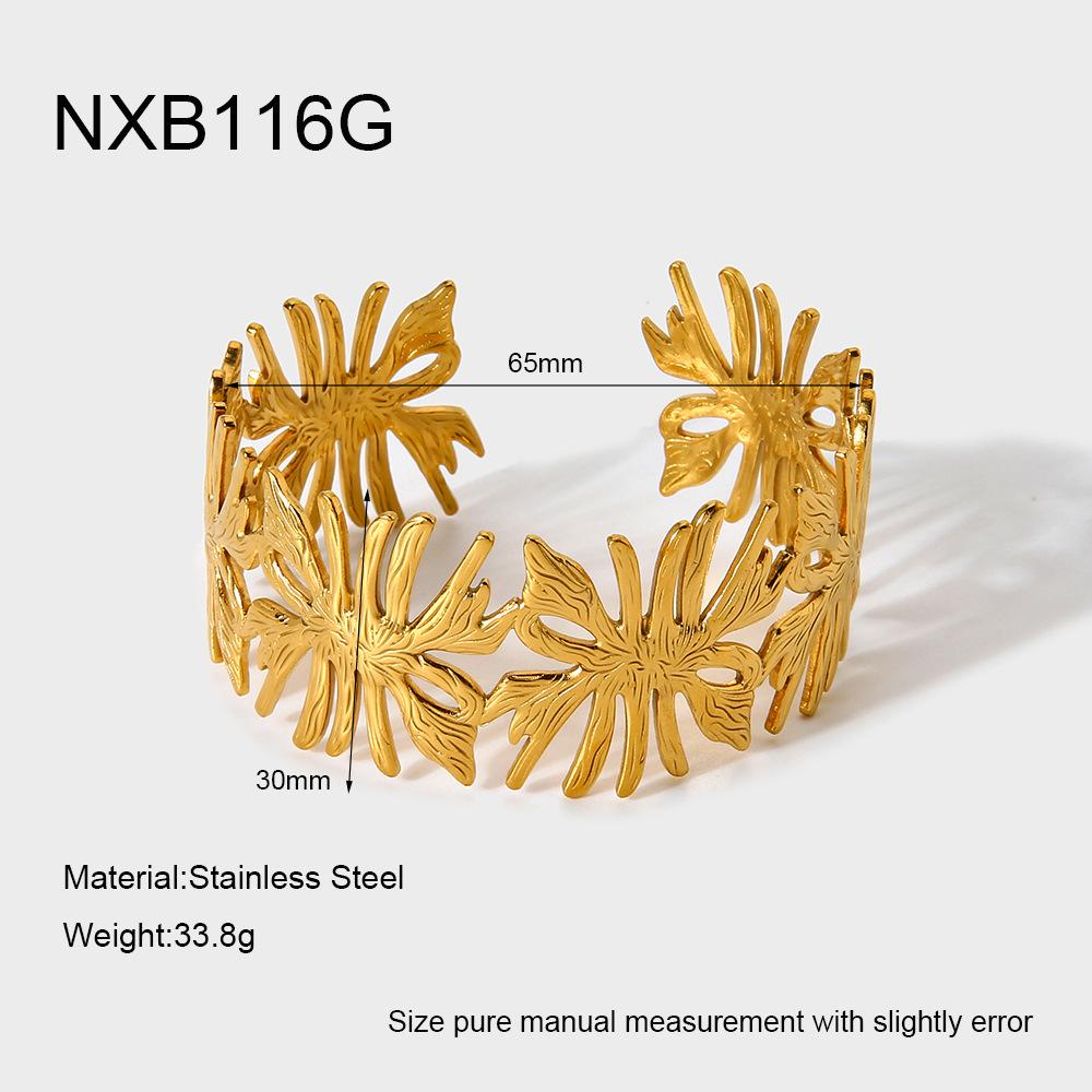 INS Vintage Classic Wide Side Geometric Ginkgo Flower Opening Bracelet 18K Gold Plated Stainless Steel Bracelet Jewelry