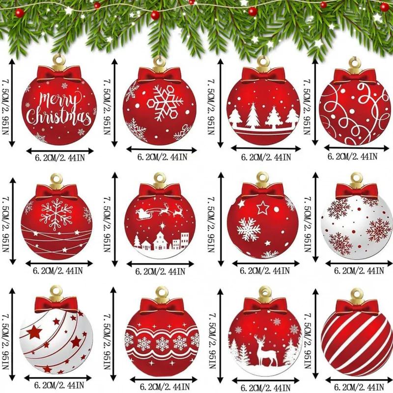 48pcs/set Red and White Wooden Christmas Ball Ornament Elk Snowflake Pattern Christmas Party Hanging Decoration Supplies Winter