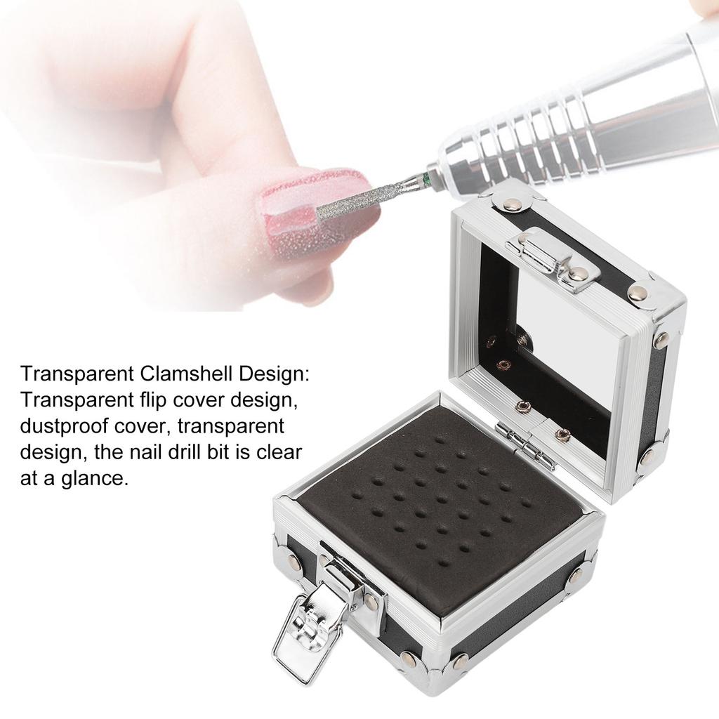 Nail Drill Bits Storage Box 25 Holes Transparent Clamshell Lock Design Dustproof Nail Drill Bits Desktop Container