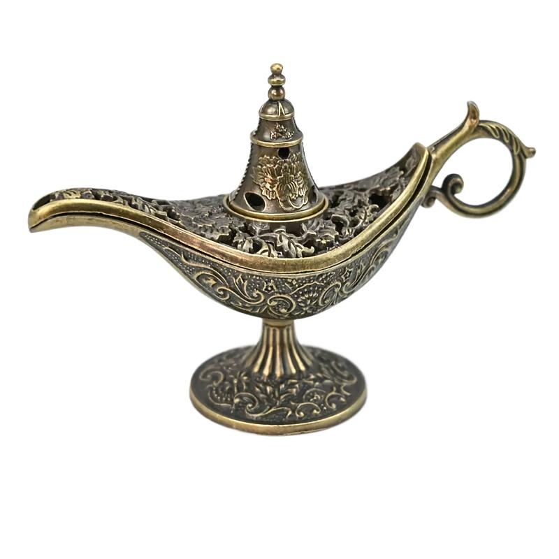 1PC Golden Copper-Toned Cast Iron Home Aladdin's Lamp Shape Home Decor Intricate Floral Design Detailed Craftsmanship