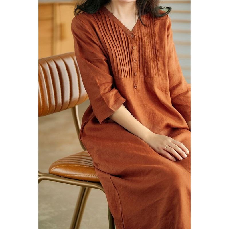 Langes Kleid Damen Baumwolle Große Größe Locker Sommer Retro Nähte Einfarbig V-Ausschnitt Kleid Knielang Dünn Großes Schwingendes Kleid