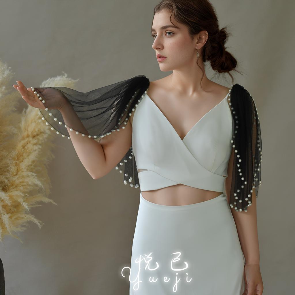 Detachable Glitter Tulle Puff Short Sleeve Cuffs, Mixed Size Pearl Beaded Sheer Arm Covers for Wedding Bridal Evening Dress