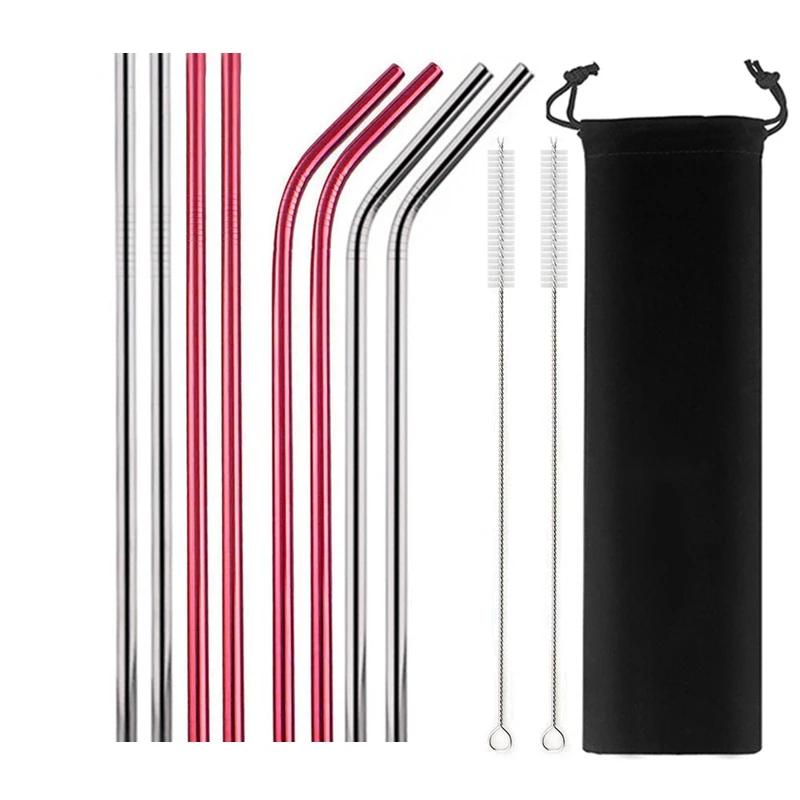 8 Pcs Metal Reusable 304 Stainless Steel Straws Straight Bent Drinking Straw with Bag Cleaning Brush Set Party Bar Accessory