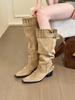 Kendou Spice Girls! Retro suede square head big tube stacked boots women's autumn and winter belt buckle thick heel boots