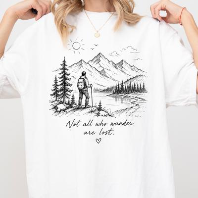 Not All Who Wander Are Lost Hiking Tee, Minimalist Mountain Line Art Shirt