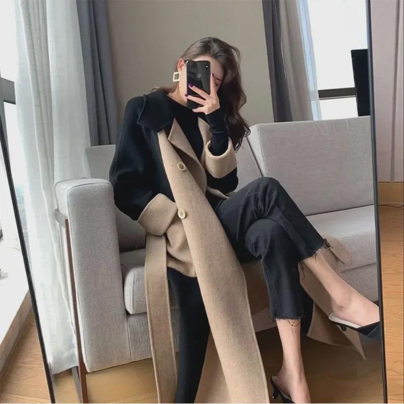 Women's Long Woolen Coat - 2024 Winter European & American Color-Block Hepburn Style Slim Coat