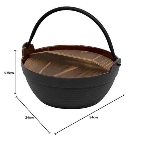Ikenaga Iron Works IK Electric Cookware Specialty Deep Pot, 24cm (Brown Enamel Interior), Cast Iron with Natural Wood Lid, Made in China, QHK3024