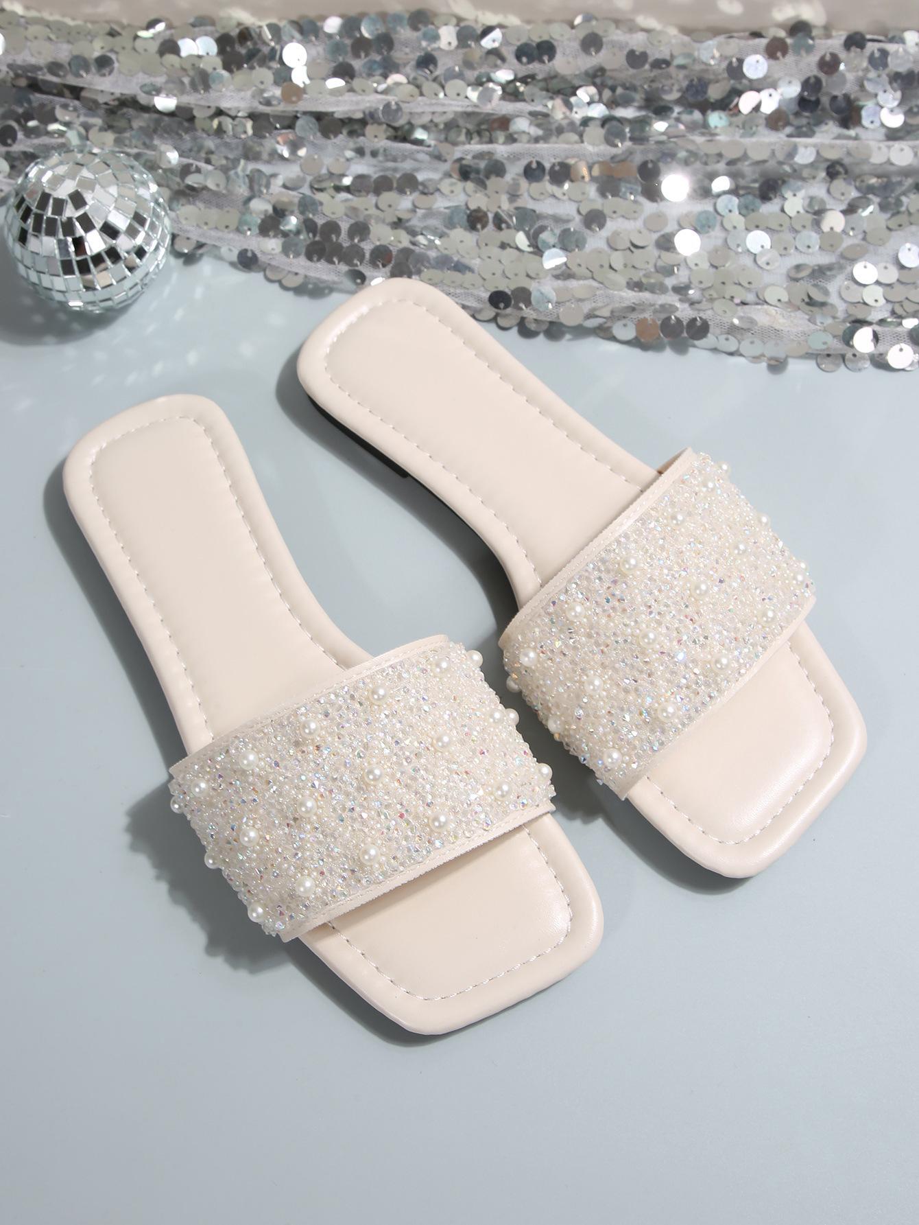 

[Внешняя торговля] Высококлассные серебристые сандалии на мягкой подошве, темпераментные шлепанцы с пайетками на плоской подошве, женская обувь для улицы 43 белый