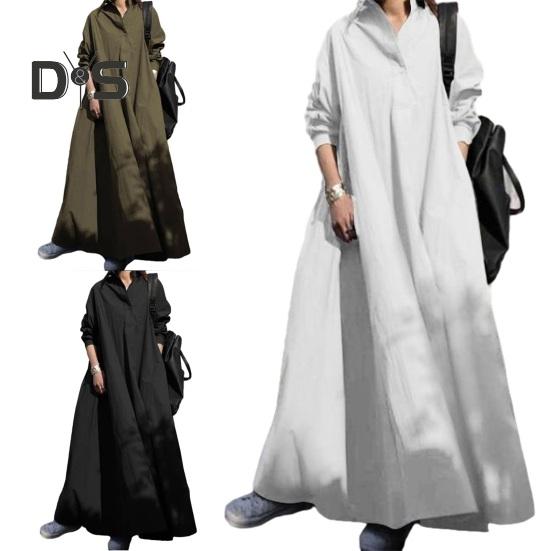 Ženy jaro podzim košile s dlouhým rukávem, výstřihem do V, jednořadé jednořadé, jednobarevné, volné letní šaty, ležérní, dlouhé šaty, streetwear