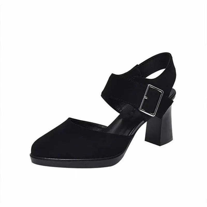 

Модная элегантная женская обувь на каблуке Новые туфли с закрытым носком Платье Женские сандалии Неглубокие Сандалии на каблуке Ремешок с пряжкой Обувь на высоком толстом каблуке Женская 40