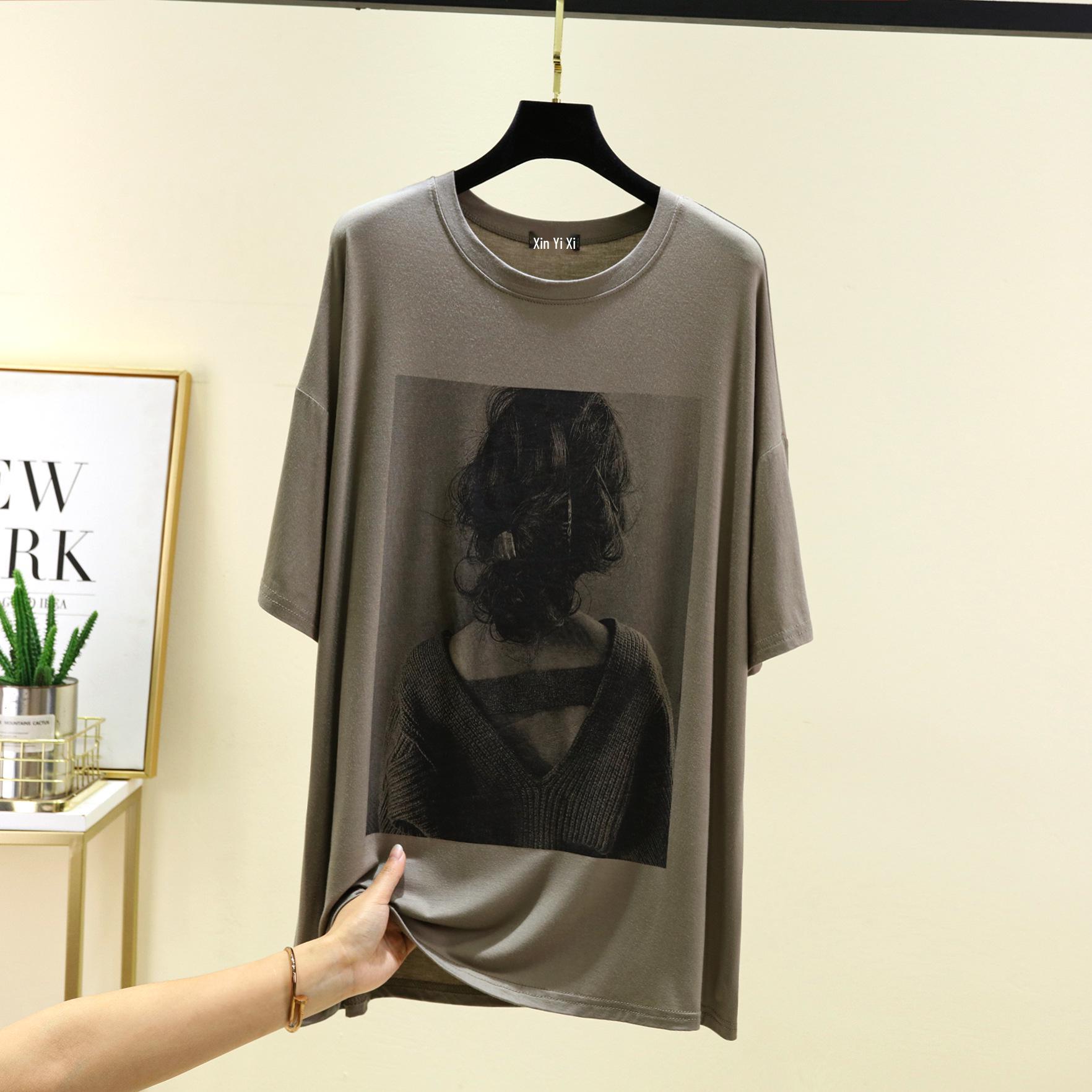 

Женская модальная футболка 2025 года с летним портретным принтом, свободного кроя, многоцветная Plus Size зелёный/серый