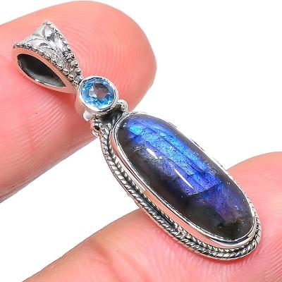 Natural Labradorite,Blue Topaz 925 Solid Sterling Silver Gift Pendant 1.34" F9L43