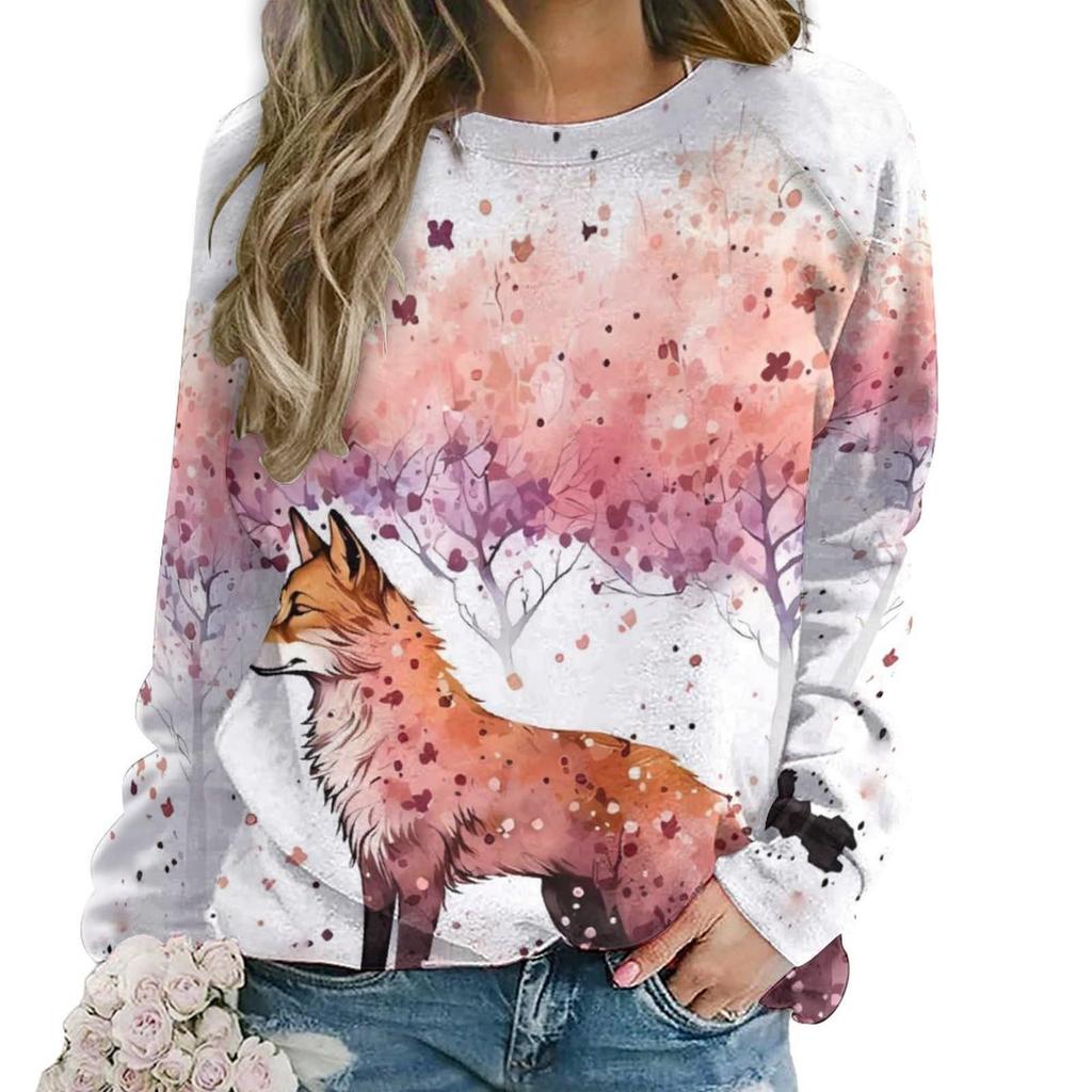 Autumn Lovely Fox Sweatshirts Animal Print Women Casual Streetwear O-Neck Pullovers Harajuku Tops Clothing