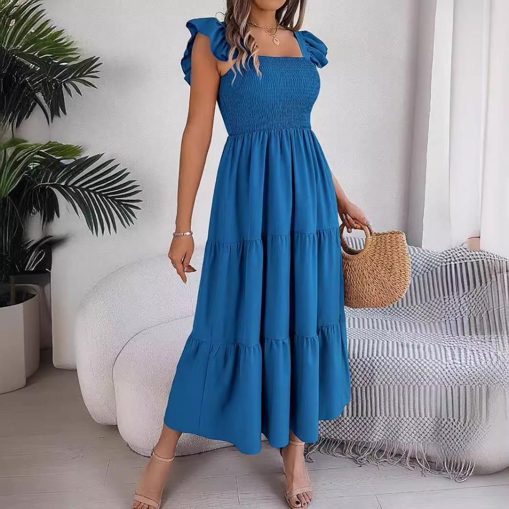 Summer Solid Colour Square Neck Wooden Ear Side Waist A-Line Long Women's Loose Casual Dresses