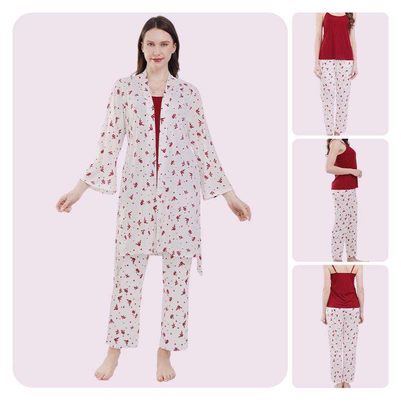 Summer 2026 Floral Women's Pajamas Three-Piece Set Long Sleeve – Wearable Outdoors, In Stock