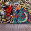 Aesthetic Japanese Dragon & Oni Mask Tapestry Wall Hanging Flannel Fabric Anime Art for Men Bedroom Living Room Decor