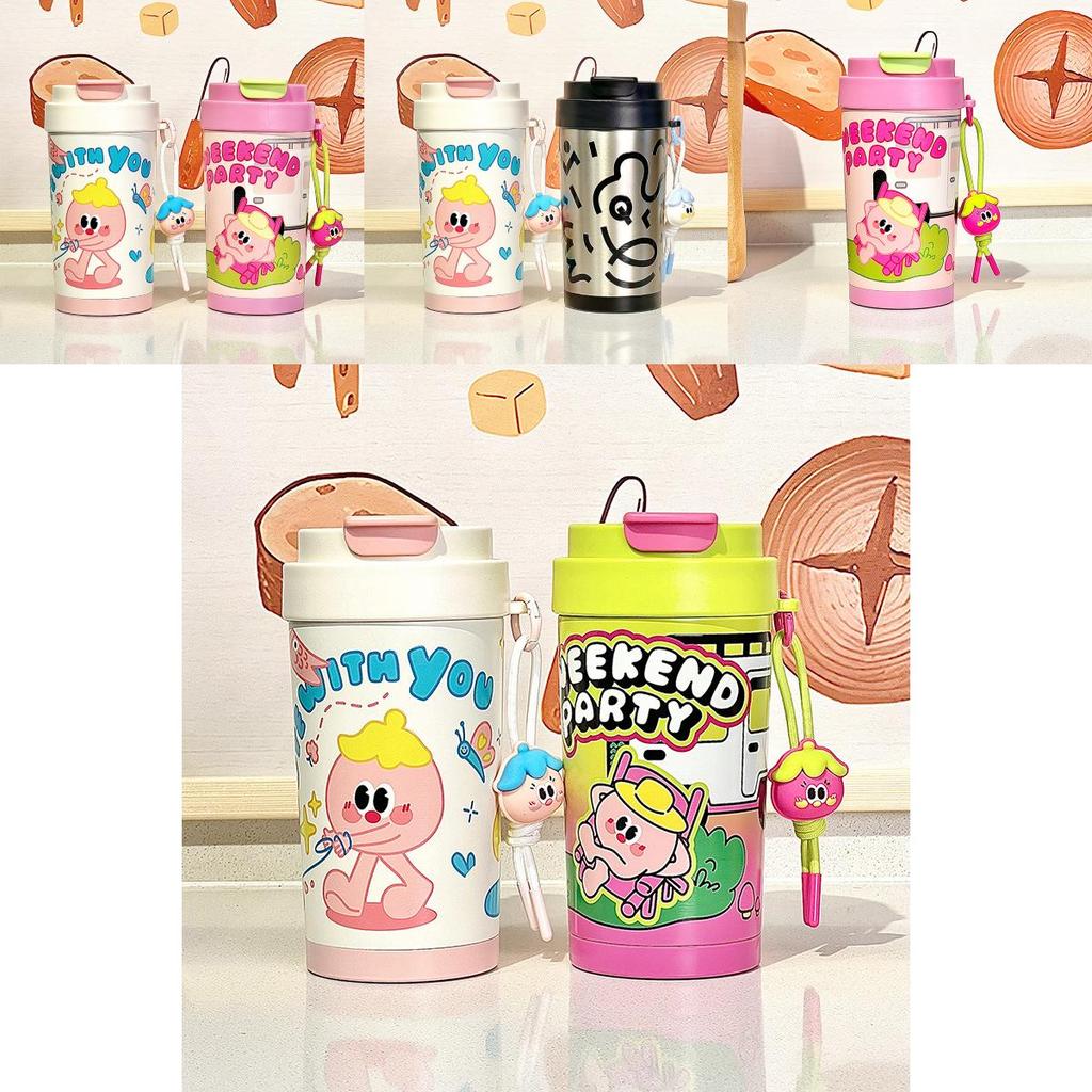 Cartoon Graffiti Insulated Bottle For Women And Kids With Leakproof Lid And Carrying Strap
