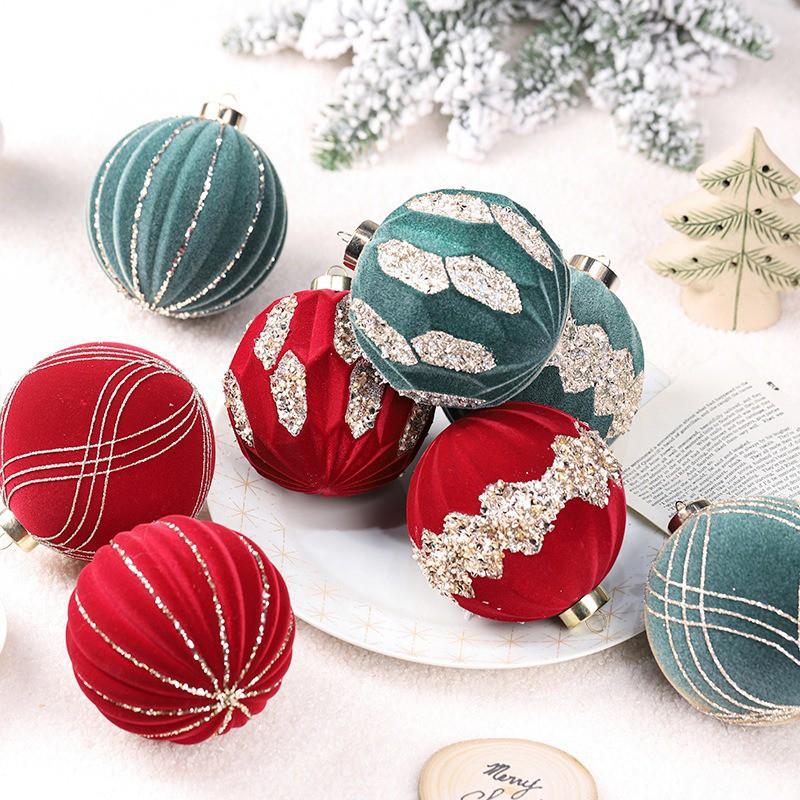 10cm Flocked Christmas Balls 4pcs Gift Box Set Glitter Rhinestone Tree Decorations
