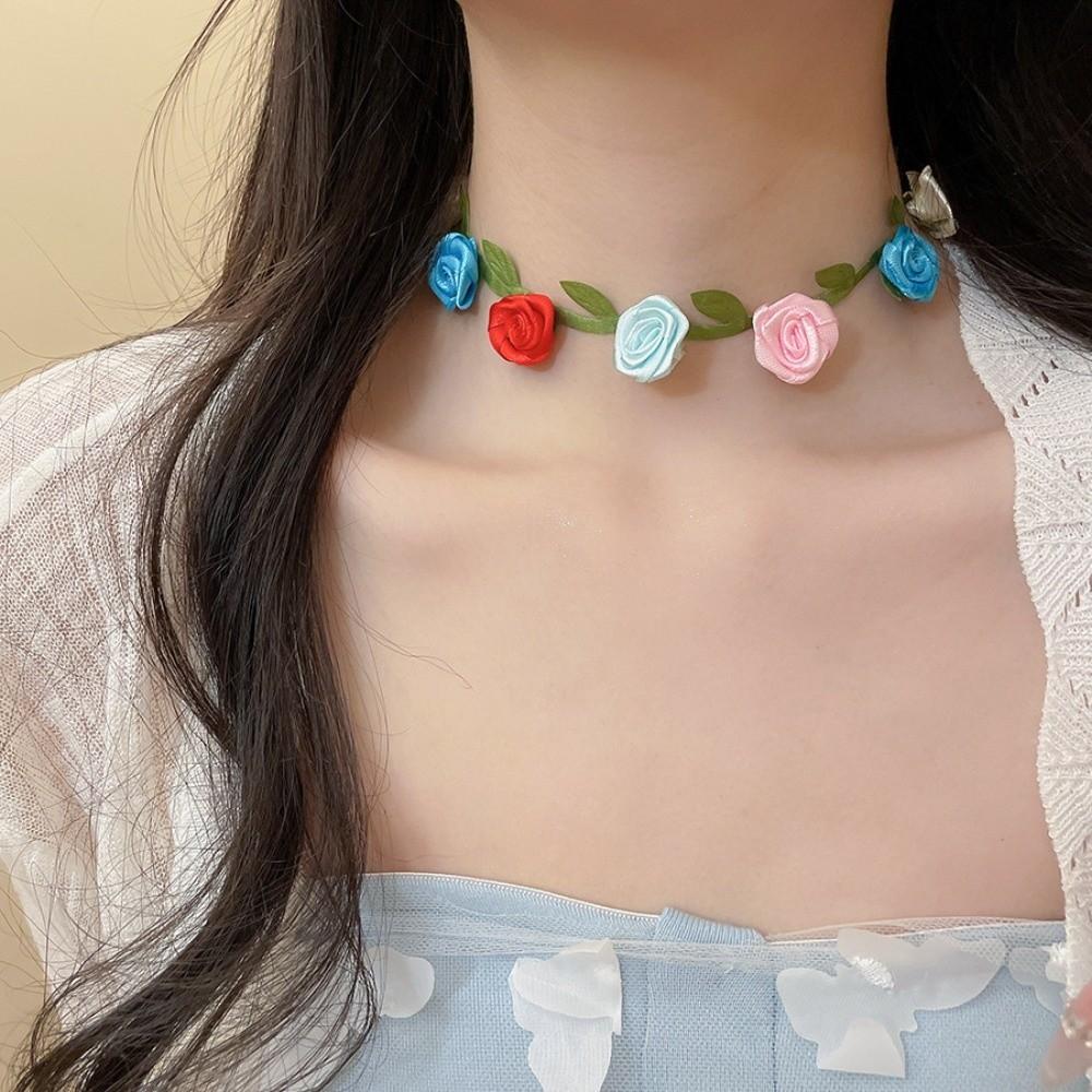 Dopamine Style Satin Cloth Flower Choker Collarbone Choker Summer Clavicle Chain  Gift