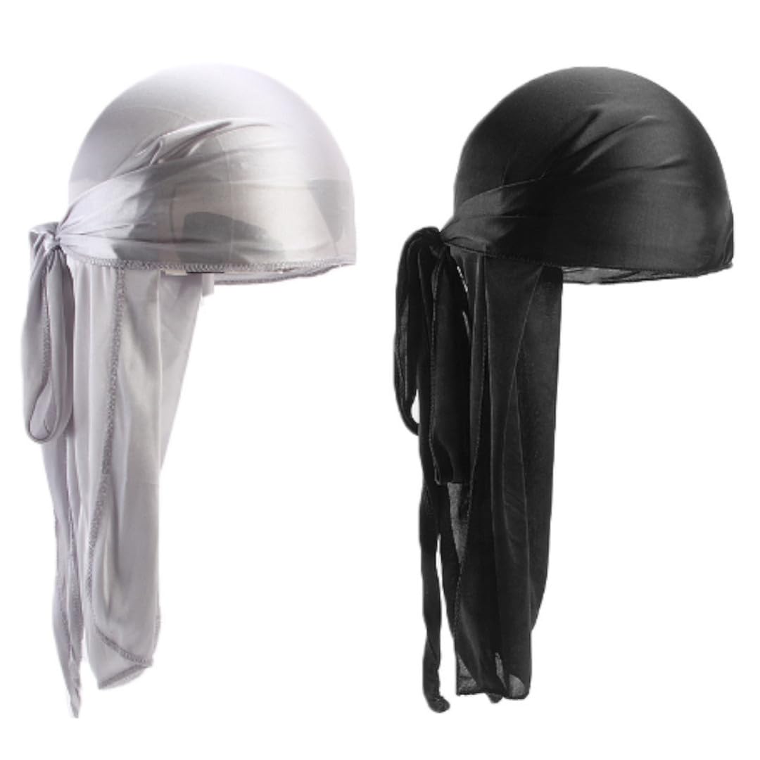 

BERUKO 2-Pack Do-Rag Hip Hop Dance Turban Pirate Cap Lightweight (silver, black)