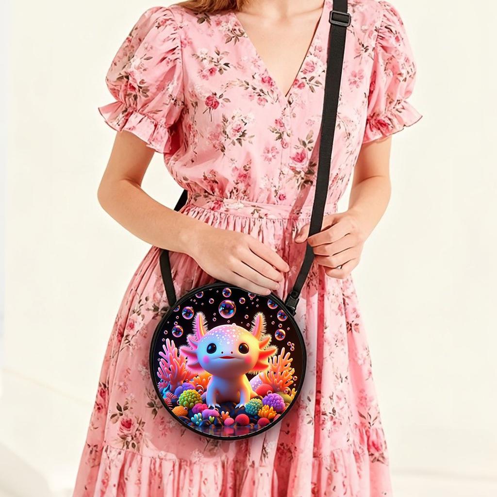 Axolotl Print Round Shoulder Bag Casual Messenger Bag for Woman Best Gifts 2D Flat Casual Daily Crossbody Bag