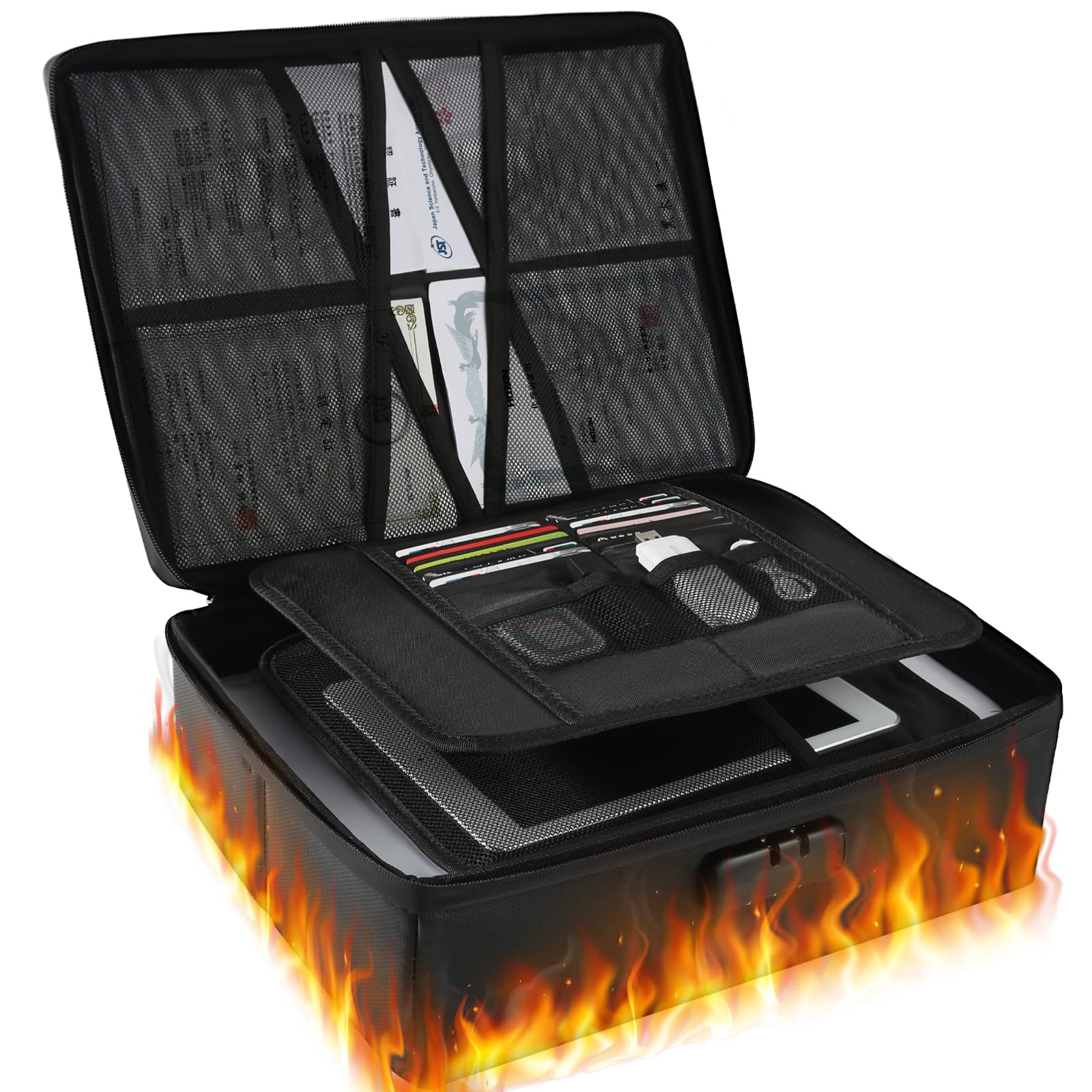 

Огнеупорный и водостойкий чехол для документов Octantis с кодовым замком, 36×27×10,5 см, большая вместимость чёрный