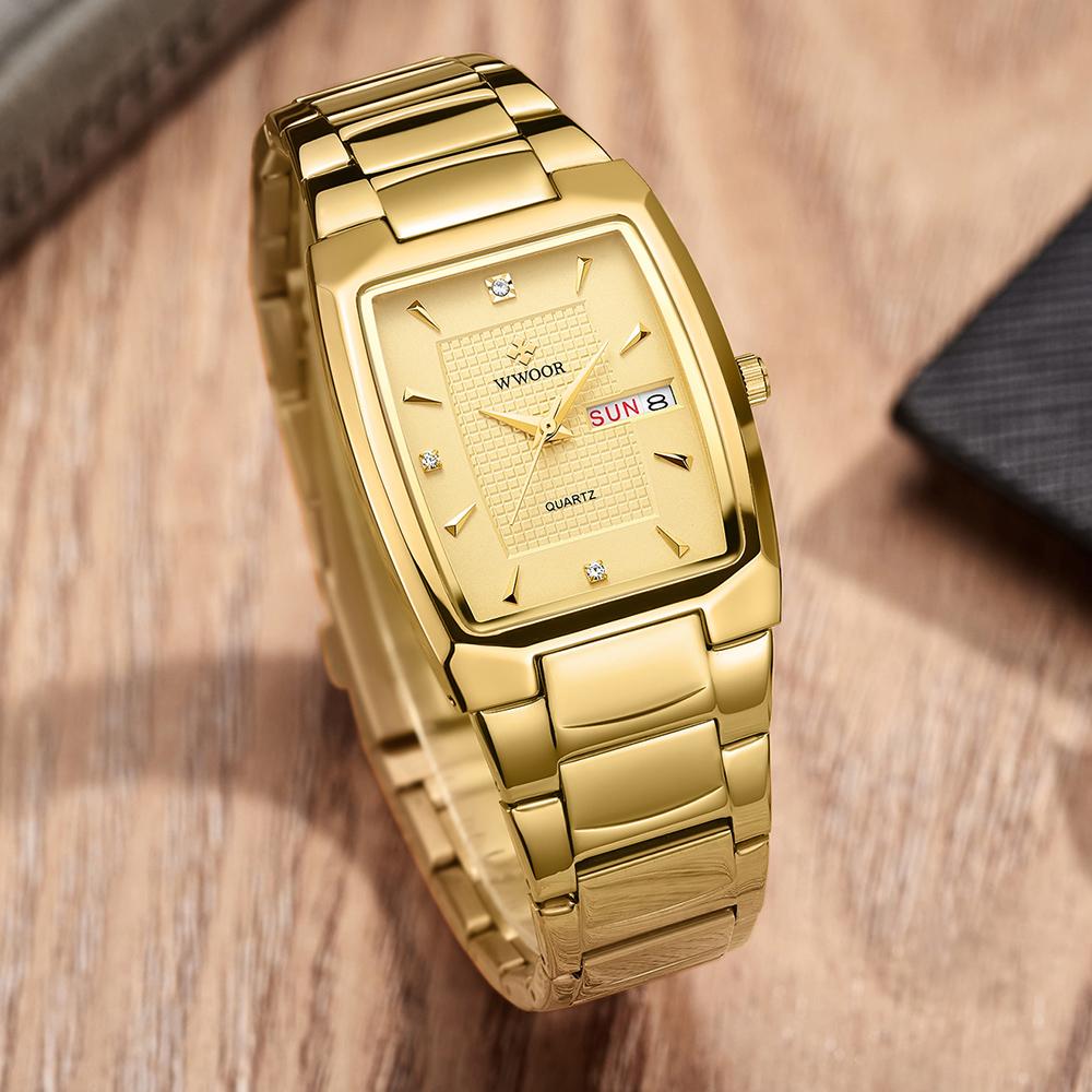 Wwoor New Square Watch Men With Automatic Week Date Luxury Stainless Steel Gold Mens Quartz Wrist Watches Relogio Masculino