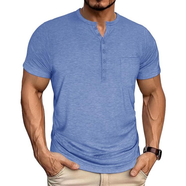 Men Short Sleeve Henley Neck T Shirt with Button Pocket Stretchy Casual Summer Basic Top for Everyday Wear