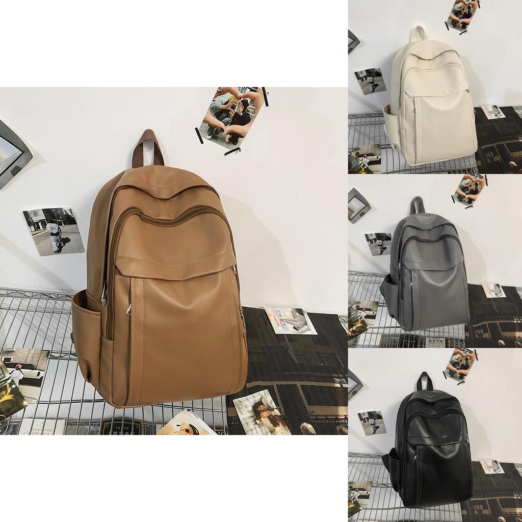 Backpack Female Korean Style Solid Color Minimalist Pu Material For Casual Travel And School Use