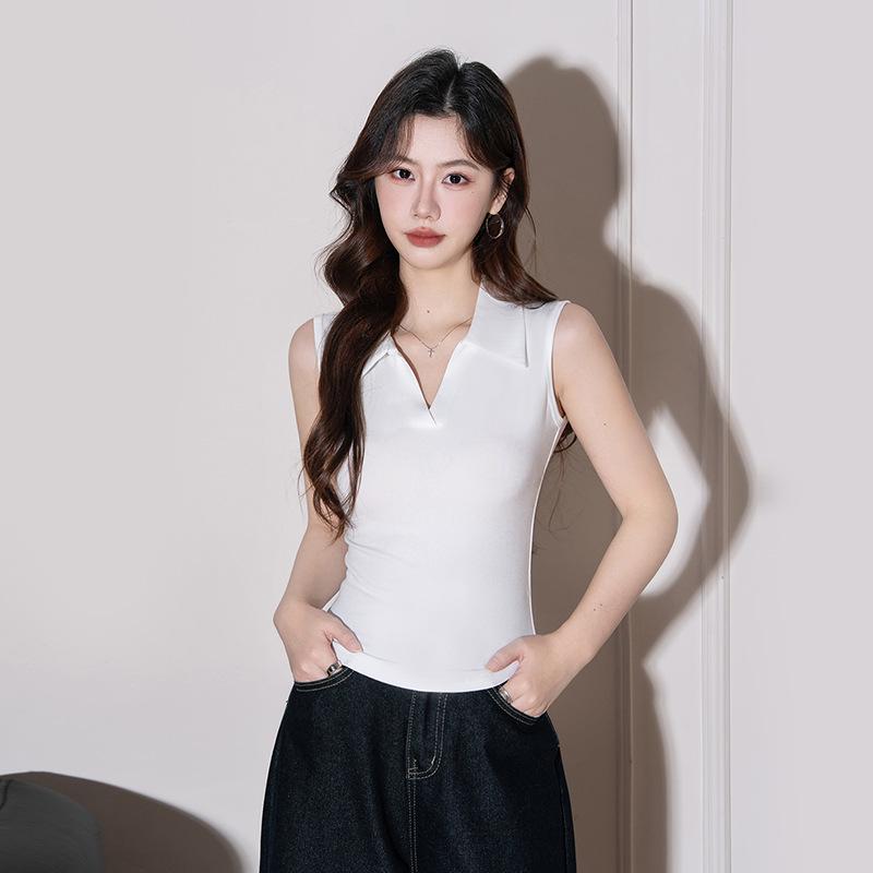 

Women s White Polo Neck Spaghetti Strap Tank Top - Slim-Fit, Curved Hem, Versatile for Spring/Summer 2026. XL белый