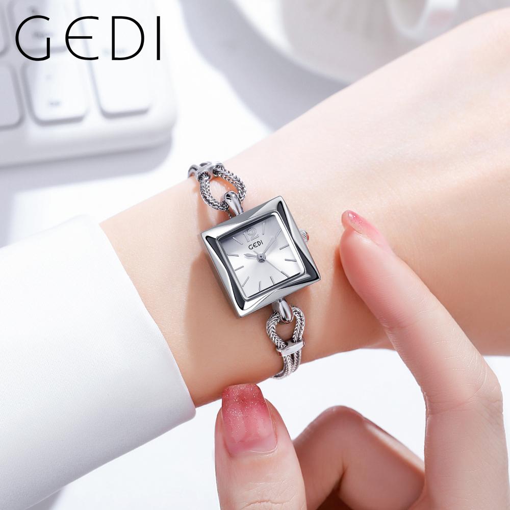 Fashion Gedi Top Brand Rose Gold Women Square Wrist Watch Alloy Rope Band Water Resistance Luxury Ladies Quartz Jewely 20mm