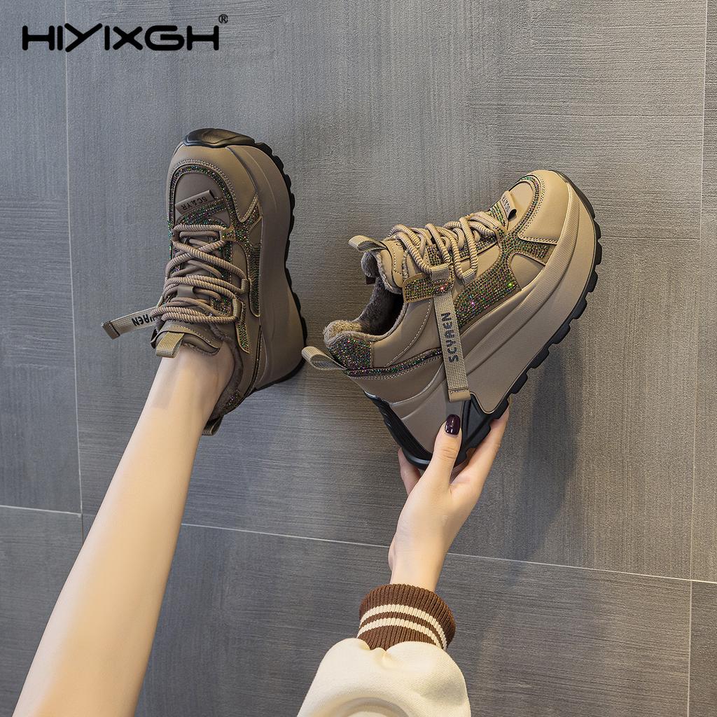 8cm Chunky Sneakers Platform Heel Women Casual Shoes Genuine Leather Comfortable Walking Shoes Warm Fur Winter Shoes