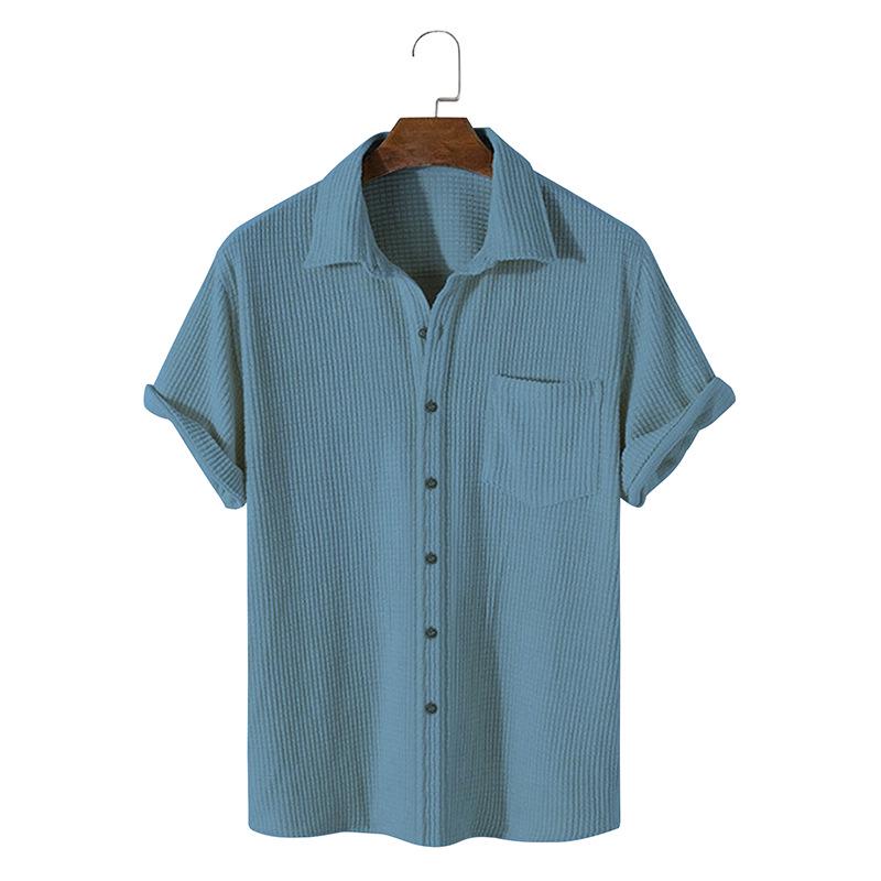 Men s 2026 Summer Waffle Solid Color Single-Breasted Turn-Down Collar Shirt Large синий